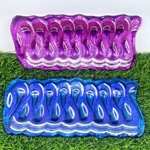 Fused Art Glass Ribbon Candy Tray Blue Magenta Silver Christmas Candy Dish Set